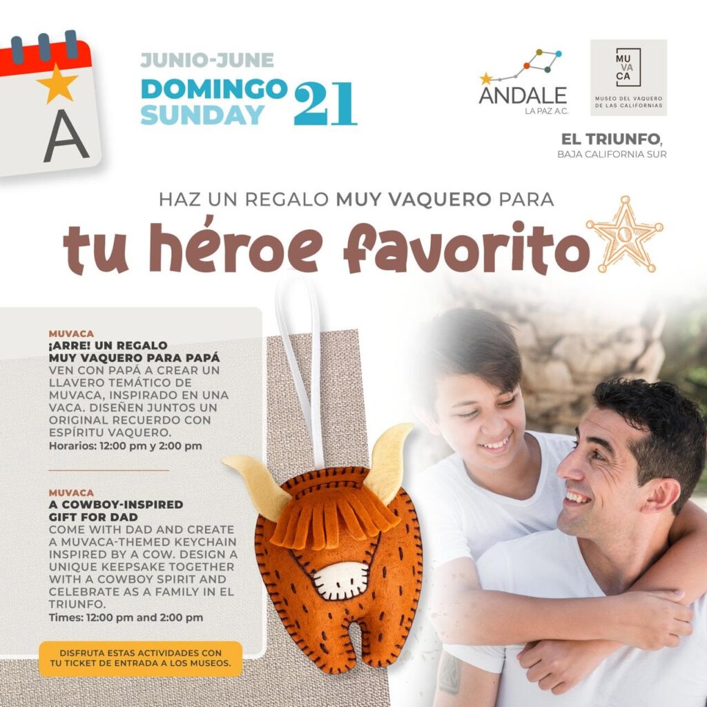 Promotional museum flyer for family activities: 'tu héroe favorito' with a brown cow toy and happy couple in the foreground.