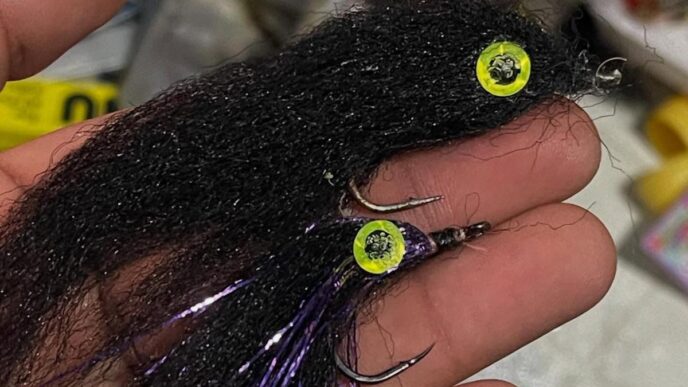 Close-up of a black hair-style fishing lure with yellow neon beads and sharp hooks held in a hand.