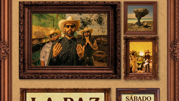 Concert poster for Nuncajamás in La Paz — June 27, Las Varitas, 9:00 PM, with framed photos.