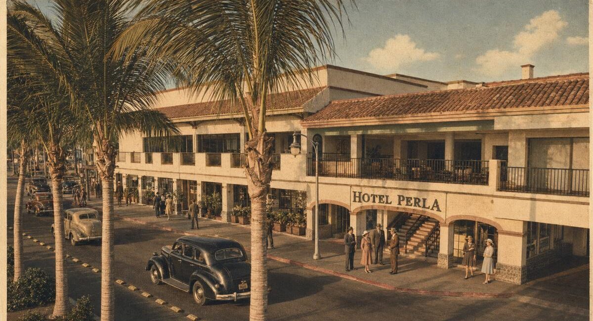 Wide street view of Hotel Perla, a two-story Mediterranean-style building with palm trees, vintage cars, and guests outside on a sunny day.