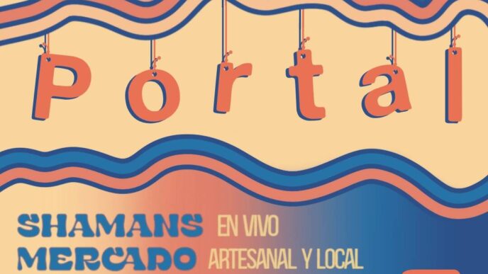 Poster for Crania Arte & Cultura presenting 'Portal' with wavy stripes and a line-up of acts (Shamans Mercado, Pop Ups, Thrift, Flash, Tattoo, Open Mic) and date/time on the right.