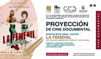 Poster for a documentary screening: left side shows vintage luchador artwork; right side announces 'PROYECCIÓN DE CINE DOCUMENTAL' with date/time and 'LA FEMENIL', 무료 (free) activity banner and sponsor logos visible.