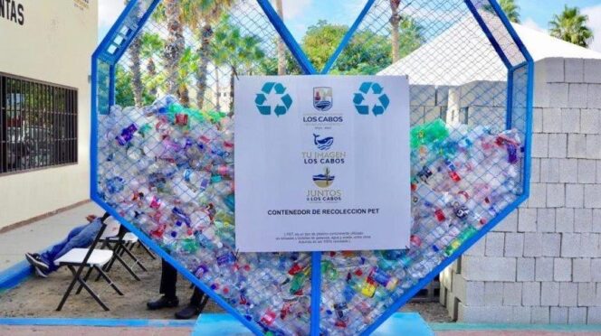 Heart-shaped blue recycling container filled with plastic bottles on a sunny outdoor plaza, with a sign on the front.