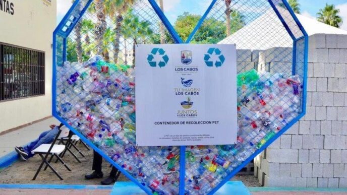 Heart-shaped blue recycling container filled with plastic bottles on a sunny outdoor plaza, with a sign on the front.