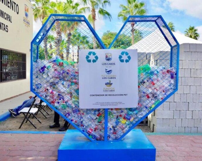 Heart-shaped blue recycling container filled with plastic bottles on a sunny outdoor plaza, with a sign on the front.