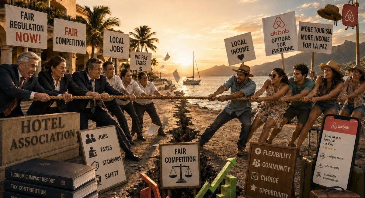 Groups of people on a rocky promenade pull a thick rope in a tug-of-war, sunset over the sea, with signs about fair regulation, local jobs, and taxes nearby.
