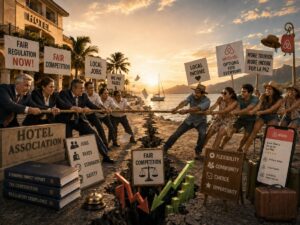 Groups of people on a rocky promenade pull a thick rope in a tug-of-war, sunset over the sea, with signs about fair regulation, local jobs, and taxes nearby.