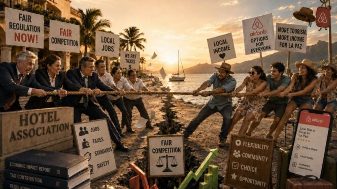 Groups of people on a rocky promenade pull a thick rope in a tug-of-war, sunset over the sea, with signs about fair regulation, local jobs, and taxes nearby.