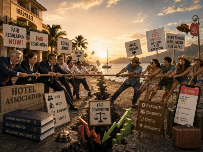 Groups of people on a rocky promenade pull a thick rope in a tug-of-war, sunset over the sea, with signs about fair regulation, local jobs, and taxes nearby.