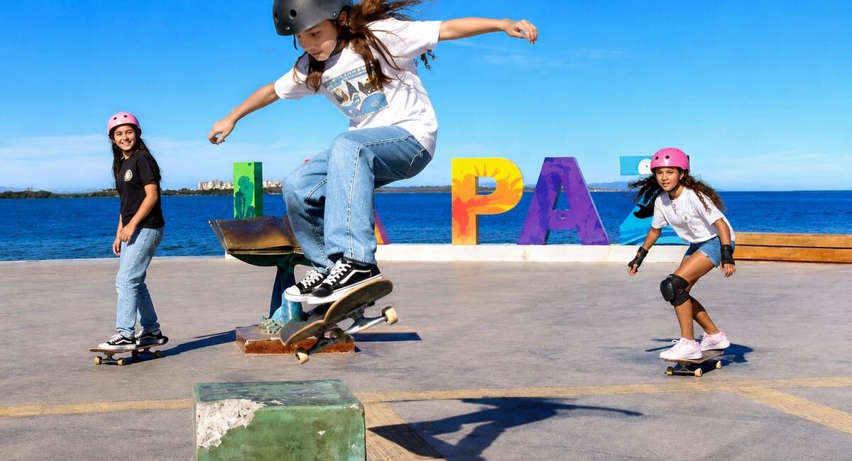 Three kids skateboarding at a seaside skatepark, one jumping a ramp while wearing a helmet; colorful PLAY letters in the background.