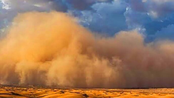 Desert dunes under a dramatic sky with a large dust cloud rolling over the horizon at sunset.
