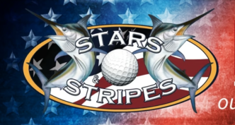 Logo for the Stars & Stripes baseball team featuring two marlins flanking a golf ball with a red, white, and blue background.