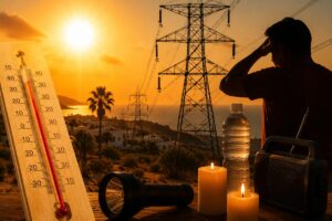 Silhouetted man shielding eyes at sunset with a power line tower, a large thermometer, candles, water bottle, flashlight, and radio in the foreground, signaling heat and outage prep.