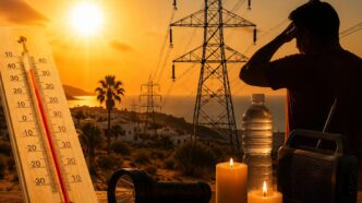 Silhouetted man shielding eyes at sunset with a power line tower, a large thermometer, candles, water bottle, flashlight, and radio in the foreground, signaling heat and outage prep.