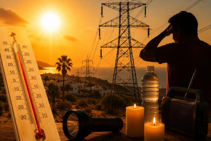 Silhouetted man shielding eyes at sunset with a power line tower, a large thermometer, candles, water bottle, flashlight, and radio in the foreground, signaling heat and outage prep.
