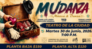 Taller mudanza Cartel de Mudanza: Música y Danza, maleta abierta con zapatos y guantes en primer plano y texto promocional a la derecha.