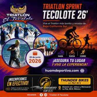 Cartel promocional del Triatlón El Tecolote: imágenes de natación, ciclismo y running; fecha 28 de junio 2026.