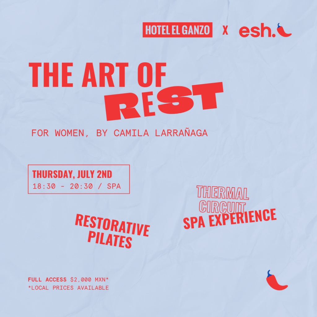 The art of rest - Gringo Gazette Poster advertising 'THE ART OF REST' by Hotel El Ganzo x esh, with bold red typography on a pale blue crumpled-paper backdrop.