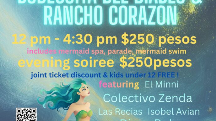 Poster announcing Todos Santos Mermaid Festival with neon text and a turquoise mermaid illustration at the bottom left.