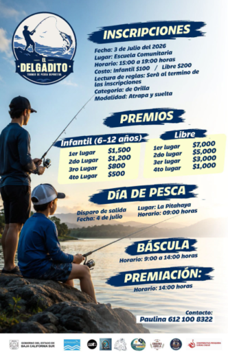 Poster for El Delgadito fishing tournament: shows INSCRIPCIONES and PREMIOS with registration details, prizes for Infantil (6–12) and Libre divisions, Día de Pesca schedule, and contact information.