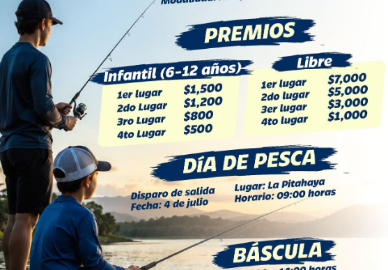 Poster for El Delgadito fishing tournament: shows INSCRIPCIONES and PREMIOS with registration details, prizes for Infantil (6–12) and Libre divisions, Día de Pesca schedule, and contact information.