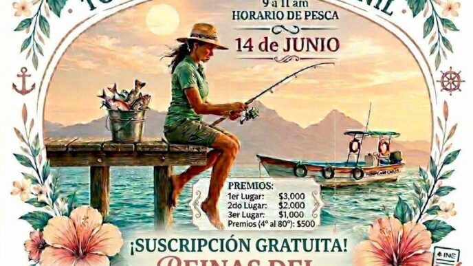 Poster for the 5th Women's Fishing Tournament 'Reinas del Anzuelo' featuring a woman fishing at sunset on a pier, surrounded by tropical flowers; announces free registration and prizes ($3,000 first, $2,000 second, $1,000 third), date June 14, 9–11 am.