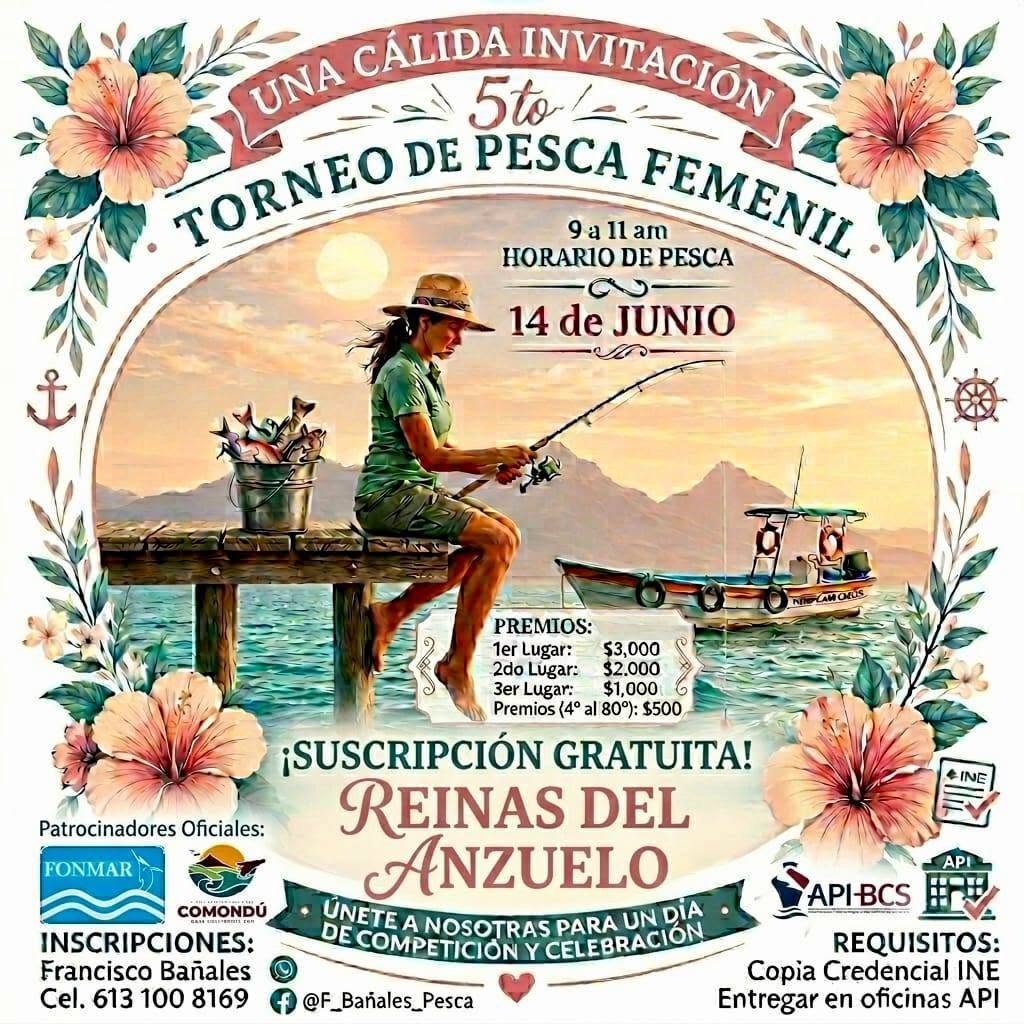 Torneo de pesca femenil Poster for the 5th Women's Fishing Tournament 'Reinas del Anzuelo' featuring a woman fishing at sunset on a pier, surrounded by tropical flowers; announces free registration and prizes ($3,000 first, $2,000 second, $1,000 third), date June 14, 9–11 am.