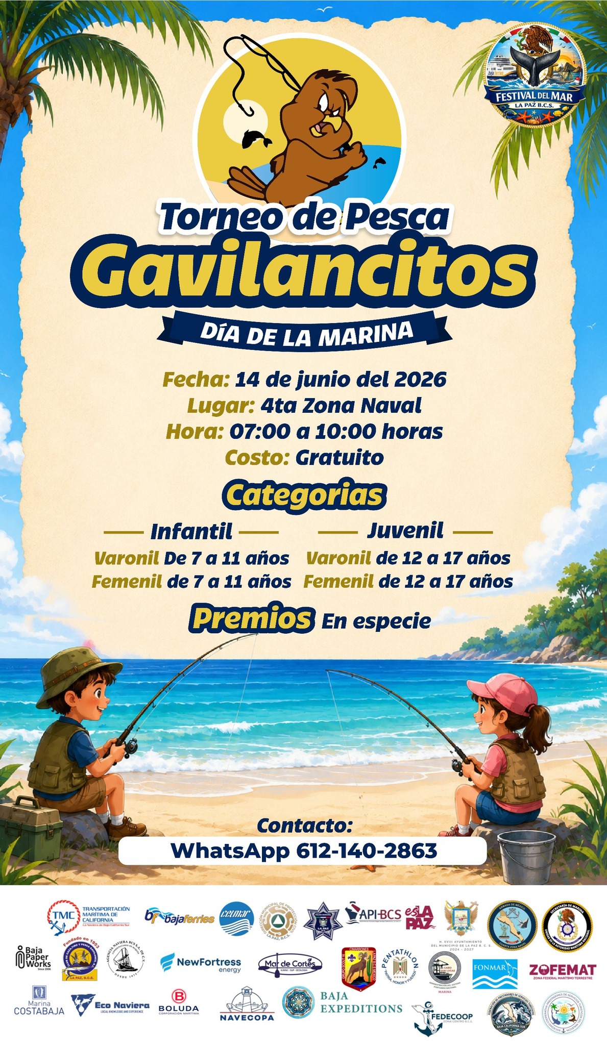 Poster for 'Torneo de Pesca Gavilanquitos' (Gavilan...t os) with date 14 de junio de 2026, location 4ta Zona Naval, 07:00–10:00, gratuito; kids fishing scene at beach.