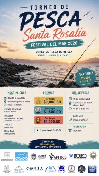 Poster for the Santa Rosalia fishing tournament (Festival del Mar 2026) with a sunset ocean scene and a fishing rod, showing prizes and schedule in Spanish.