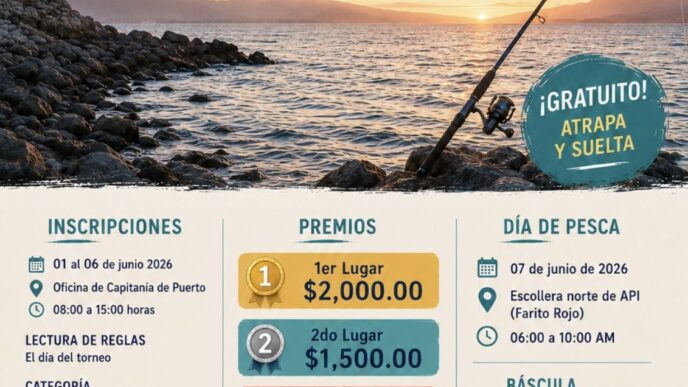 Poster for the Santa Rosalia fishing tournament (Festival del Mar 2026) with a sunset ocean scene and a fishing rod, showing prizes and schedule in Spanish.