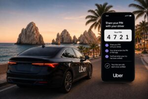 Black Uber sedan parked on a seaside road at sunset with a large phone screen showing a 'Share your PIN' PIN sharing instructions