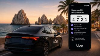 Black Uber sedan parked on a seaside road at sunset with a large phone screen showing a 'Share your PIN' PIN sharing instructions