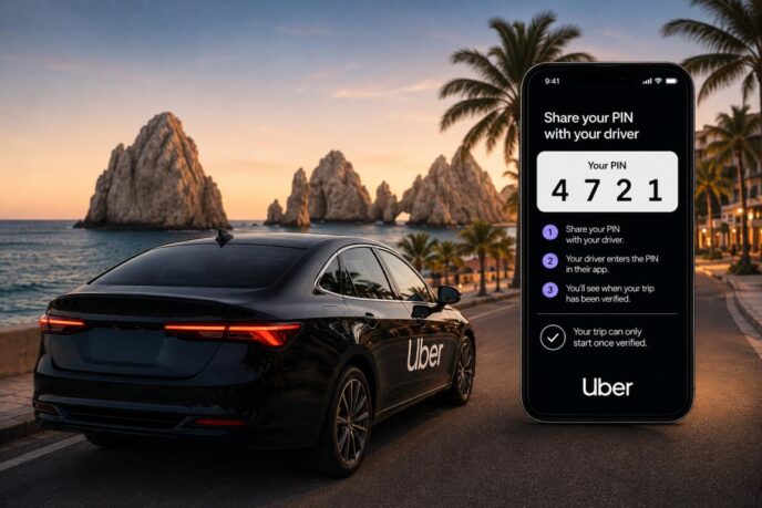 Black Uber sedan parked on a seaside road at sunset with a large phone screen showing a 'Share your PIN' PIN sharing instructions