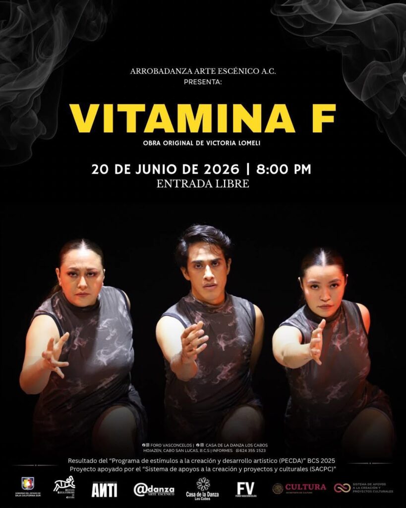 Poster for 'VITAMINA F' featuring three dancers in dark outfits reaching toward the viewer; event date 20 de junio de 2026, entrada libre, presented by Arrobadanza Arte Escénico A.C.