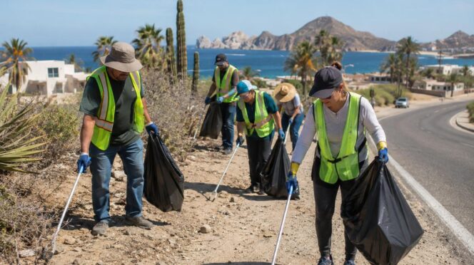 Group of volunteers in neon vests picking up trash along a coastal road with bags and litter grabbers, ocean and rocky hills in the background.