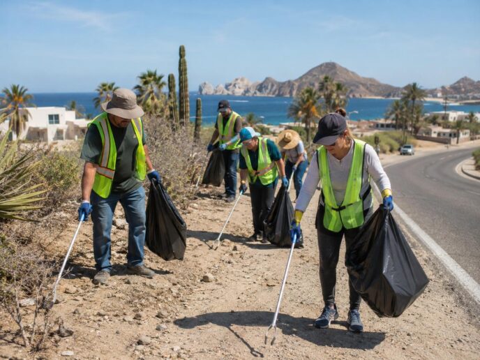 Group of volunteers in neon vests picking up trash along a coastal road with bags and litter grabbers, ocean and rocky hills in the background.