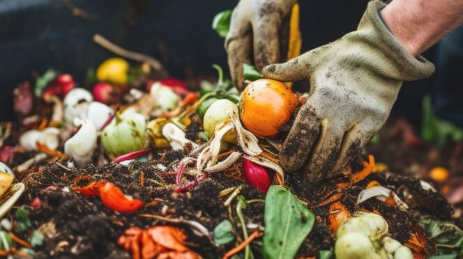 Gloved hands digging through a pile of colorful fruit and vegetable scraps for composting.