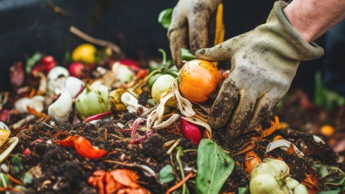 Gloved hands digging through a pile of colorful fruit and vegetable scraps for composting.