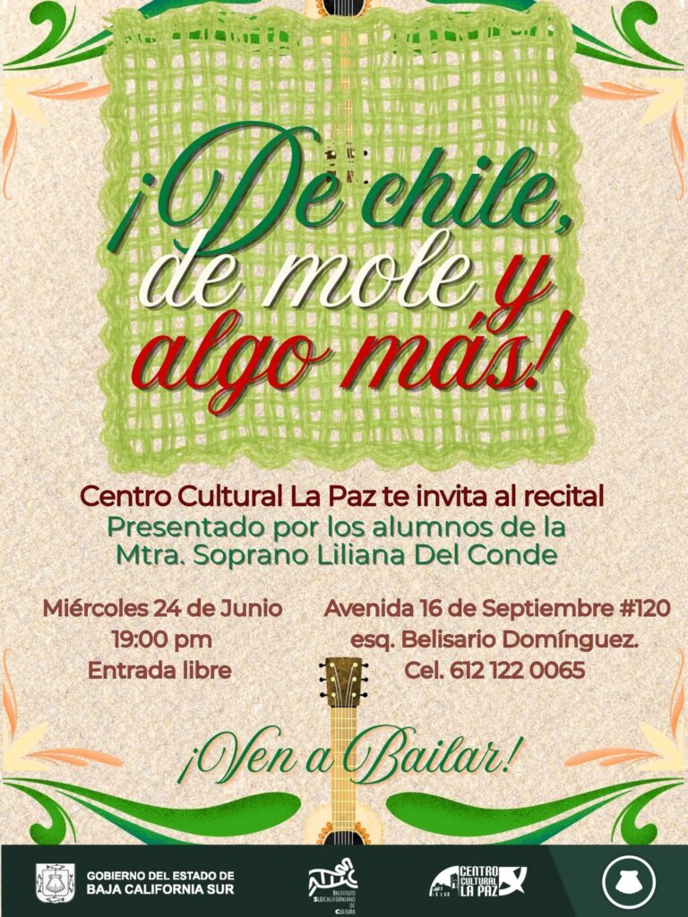 chile mole y algo mas - Gringo Gazette Evento cultural: cartel de recital musical a cargo de alumnos, con guitarra y diseño colorido en fondo beige y verde.