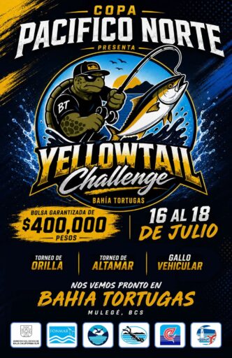 Illustrated event poster for Copa Pacífico Norte Yellowtail Challenge, showing a muscular turtle angler catching a yellowtail fish by the sea with bold event text and sun setting over mountains in the background.