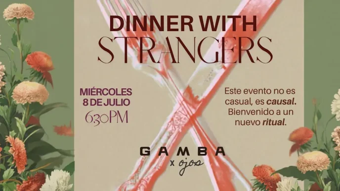Poster for 'Dinner with Strangers' with a floral border and crossed red utensils, bilingual text in English and Spanish.