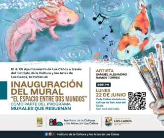 Colorful mural poster announcing the inauguration of a mural program, with large fish illustrations on top and event details below in Spanish.