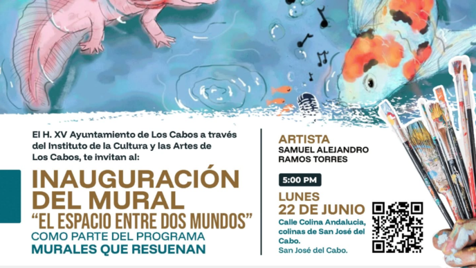 Colorful mural poster announcing the inauguration of a mural program, with large fish illustrations on top and event details below in Spanish.