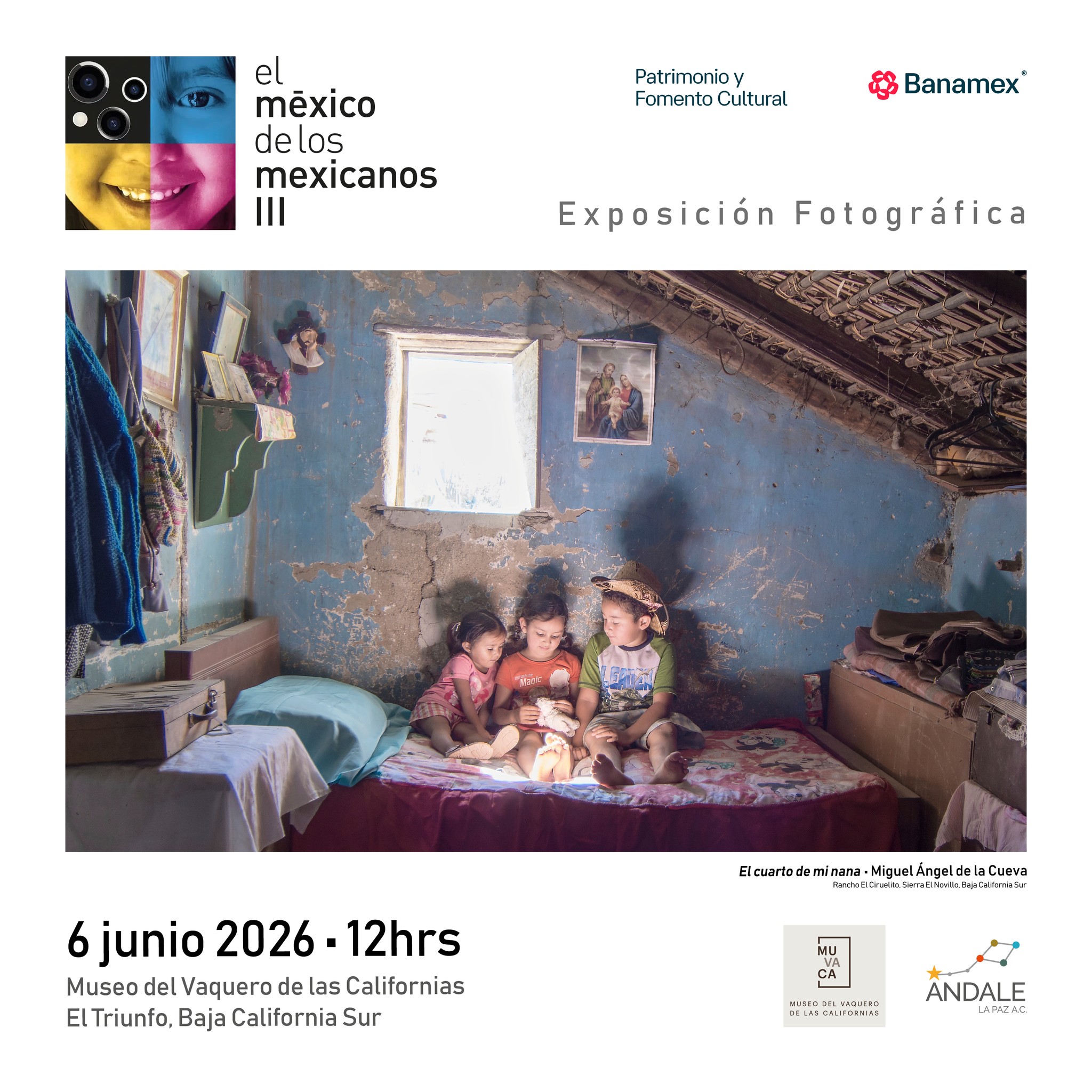 Five children sit on a bed in a worn blue room with peeling paint and a religious picture on the wall