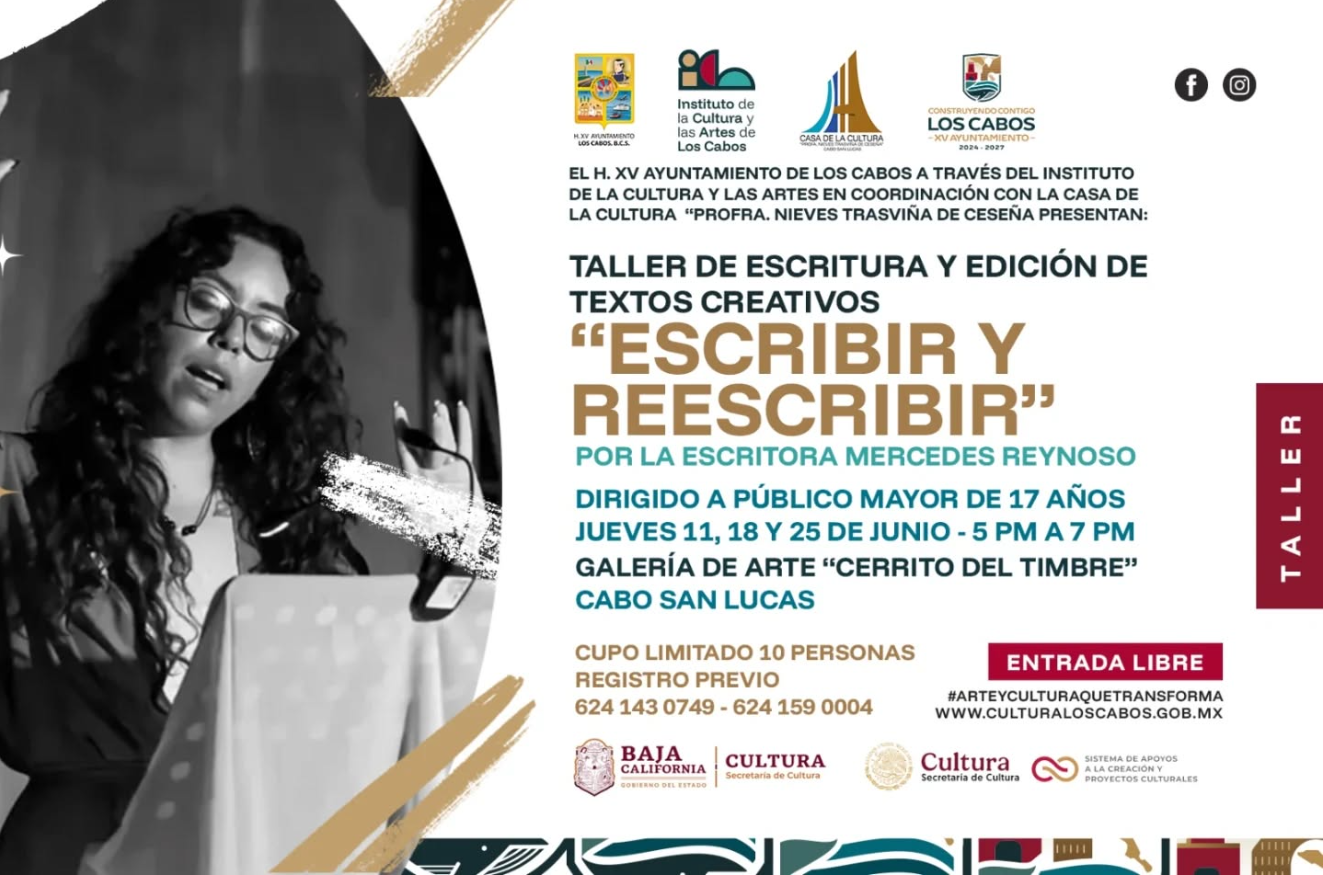 Promotional poster for a creative writing workshop 'Escribir y Reescribir' with a woman speaking at a lectern on the left.