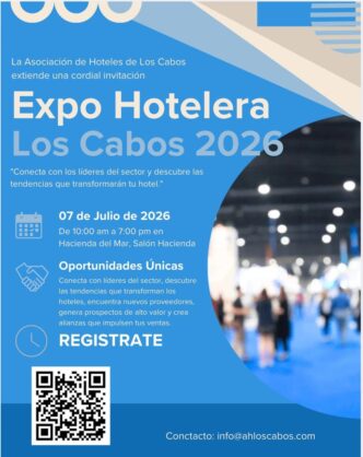 Promotional blue-toned poster for Expo Hotelera Los Cabos 2026 with date, venue details, registration prompt, a large QR code, and contact email.