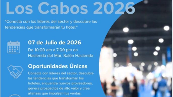 Promotional blue-toned poster for Expo Hotelera Los Cabos 2026 with date, venue details, registration prompt, a large QR code, and contact email.