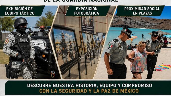 Poster for the Guardia Nacional’s 7th anniversary: inauguration of a photographic exhibition and team display, with event details and La Paz location (Mexico).