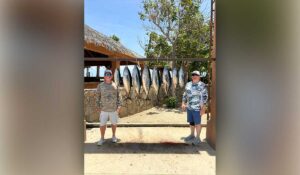 Two men stand on a sunny patio beside a rack of large fish hanging to dry.
