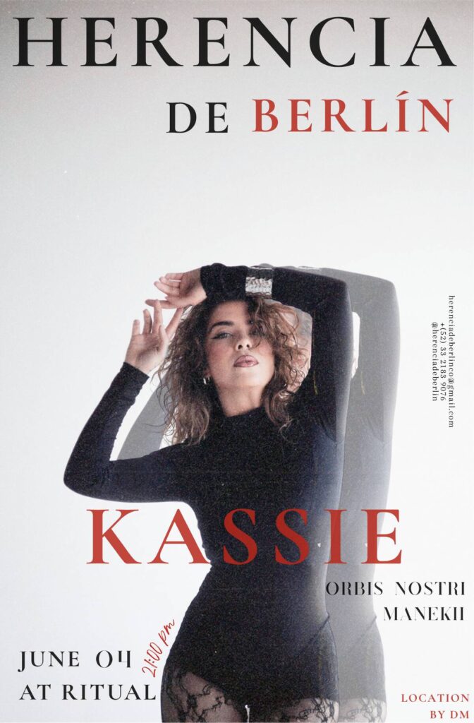 Poster promoting an event: a fashion model in a black dress poses with arms raised; large red 'KASSIE' text and 'HERENCIA DE BERLÍN' at top.